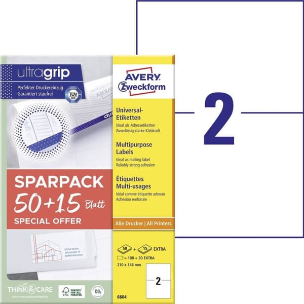 Avery-Zweckform 6604 210 x 148 mm Paperi Valkoinen 130 kpl Pysyvät yleistarrat Laser 65 arkkia DIN A4