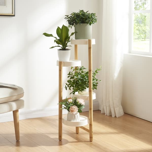 Piedestal Sastamala växtställ 85x32x32 cm bambu vit 4 hyllplan [en.casa]