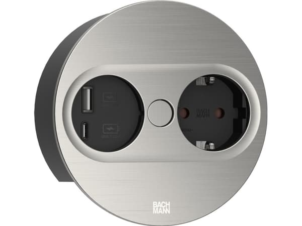 Bachmann TWIST 2 Metallhölje runt, rostfritt stål look, 1x svart uttag med jordkontakt och ökat kontaktskydd, 1x USB A/C 22W laddare, 2,0m H05VV-F3G1 Rostfritt stål