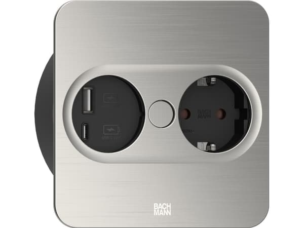 Bachmann TWIST 2 Metallskydd fyrkantigt, rostfritt stålutseende, 1x svart uttag med jordkontakt och ökat kontaktskydd, 1x USB A/C 22W laddare, 2,0 m Rostfritt stål