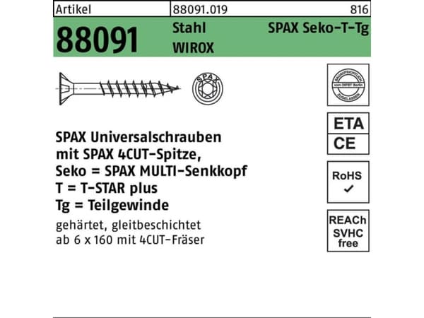 SPAX 0191010501205, Skruv, Metall, Zink, Trä, Platt huvud, Torx, Metallisk