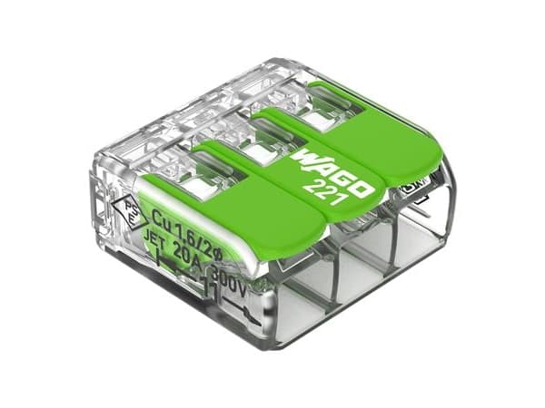 Wago 221 grön 3-vägs svetsklämma, tvärsnitt 0,2-4mm2, 32A, 450V, med manöverhandtag, transparent - (50 st.)