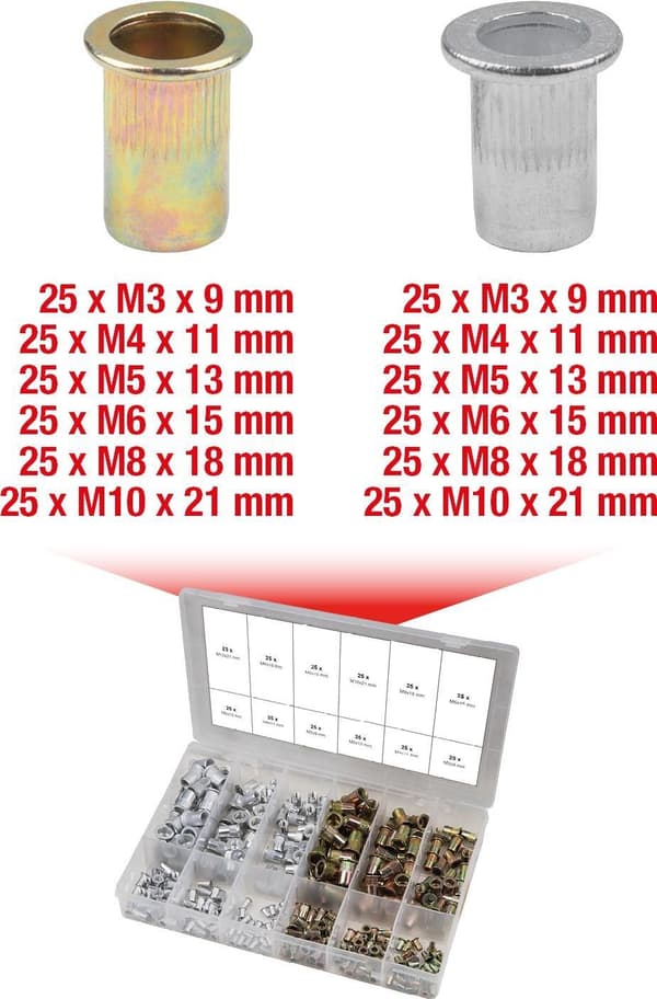 KS TOOLS udvalg af gevindnitter, stål og aluminium, M3x9mm-M10x21mm, 300 stk. (970.0630)