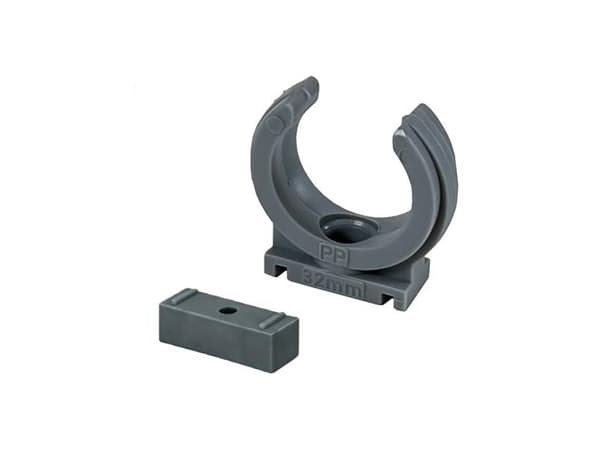 Grå PP klämrörsbärare 40mm till 40mm HT-avloppsrör
