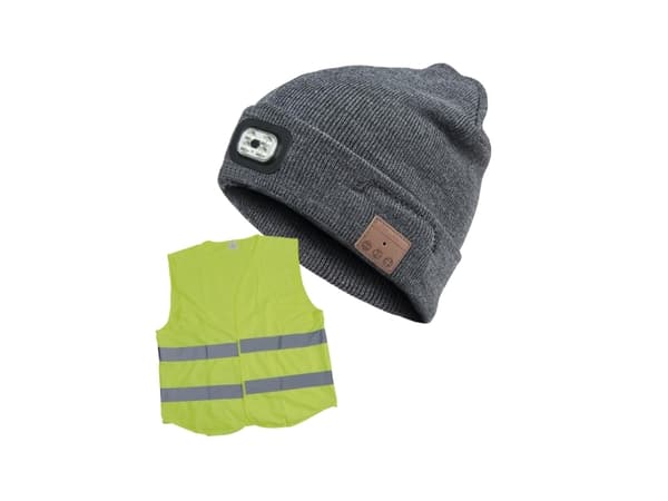 Blue Electric LED Beanie - Bluetooth-kuulokkeella., toimitetaan Mukana turvaliivi