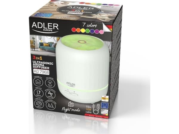 Ilmankostutin Adler Ultraääni Aromadiffuusori 3in1 AD 7968 Ultraääni, sopii enintään 25 m²:n huoneisiin, valkoinen (AD 7968)