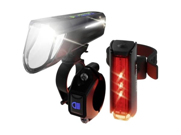 FISCHER FAHRRAD PLUS 100/130 Fernlicht + TWIN STOP Cykellys sæt LED (RGB) Sort
