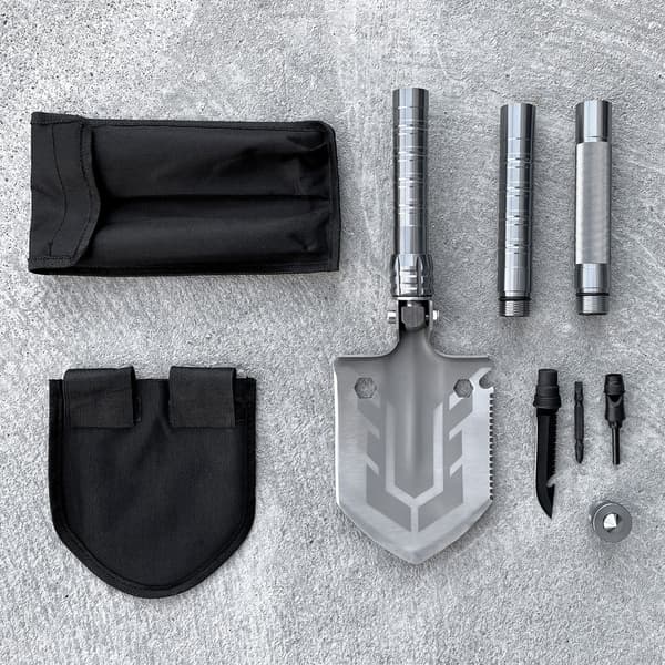 Overlevelsesspade 10in1 med kniv, glasshammer og skrutrekker