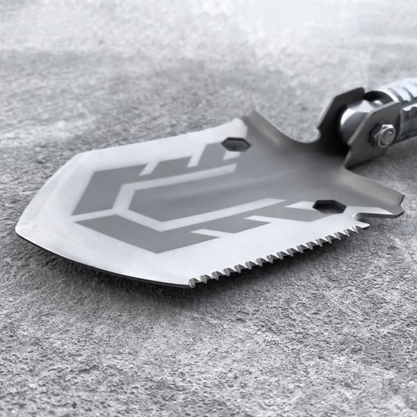 Overlevelsesspade 10in1 med kniv, glasshammer og skrutrekker