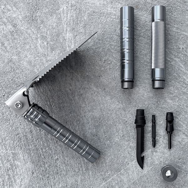 Overlevelsesspade 10in1 med kniv, glasshammer og skrutrekker