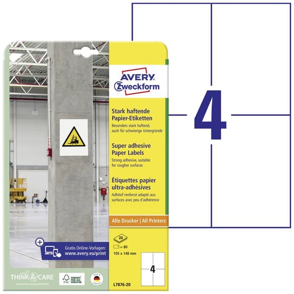 Avery-Zweckform L7876-20 Självhäftande etiketter 105 x 148 mm Papper Vit 80 st Permanent, Starkt Bläckstråleskrivare, L