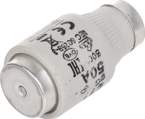 Sikring DIII 50A gG E33, 500V AC 250V DC, brydeevne 50kA, Standard DIN EN 60269-1, DIN EN 60269-3. Med status indikator