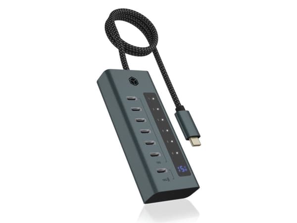 ICY BOX IB-HUB1457-C31, USB 3.2 Gen 1 (3.1 Gen 1) Typ-C, USB 3.2 Gen 2 (3.1 Gen 2) Typ-C, USB Type-C, 10000 Mbit/s, Blå, Grå, Aluminium, 20W