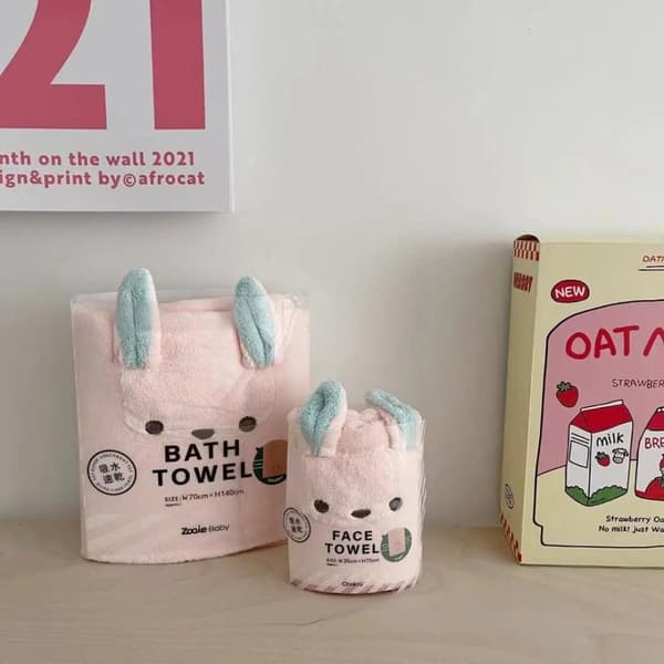 Badlakan Djur Barn Pink Rabbit 35*75cm+70*140cm