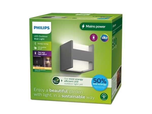 Philips Arbour vägglampa 3,8 W, Väggbelysning för utomhusbruk, Antracit, Gjuten aluminium, IP44, Fasad, Trädgård, Terass, II