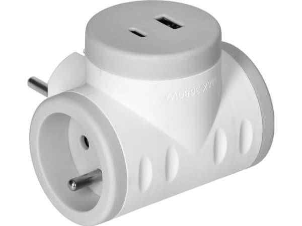 Orno 2P+Z-jakaja 2xUSB-laturilla, pikalataus, valkoinen ja harmaa