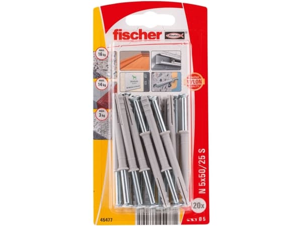 Fischer 45477, Kit med skruv och väggplugg, Tegel, Betong, Pozidriv, PZ2, 50 mm, 5 mm