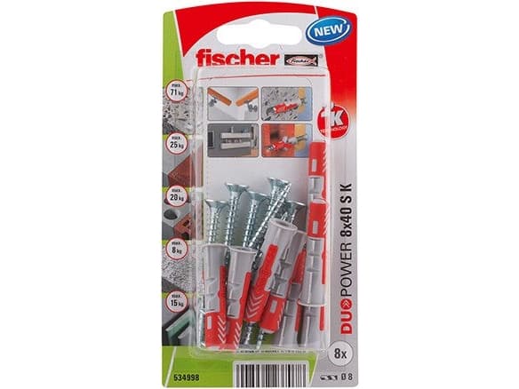 Fischer 534998, Skruer og plugger-sett, Nylon, Grå, Rød, Pozidriv, PZ2, 8 mm