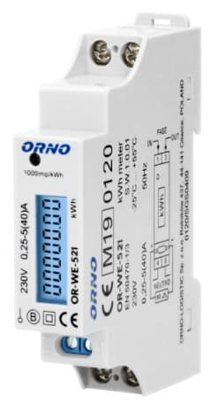 ORNO 1-vaihe sähkömittari, 40A, MID, pulssilähtö, taustavalo, 1 moduuli