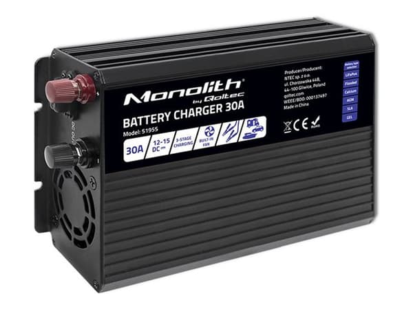 Qoltec Älykäs ammattimainen monoliittiakkujen laturi LiFePO4 AGM GEL SLA akuille | 30A | 12V