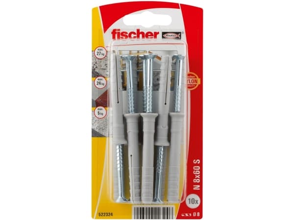 Fischer 522324, Kit med skruv och väggplugg, Tegel, Betong, Pozidriv, PZ3, 60 mm, 8 mm