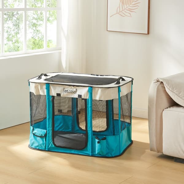 Hundbur Mörbylånga hopfällbar 80x60x55 cm blå beige [en.casa]
