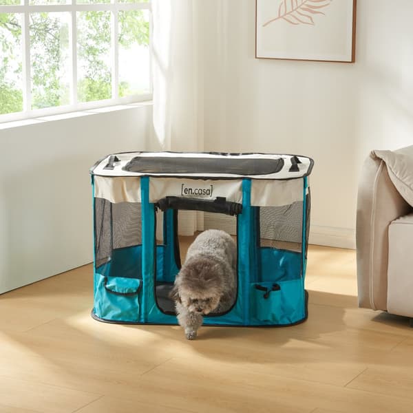 Hundbur Mörbylånga hopfällbar 80x60x55 cm blå beige [en.casa]