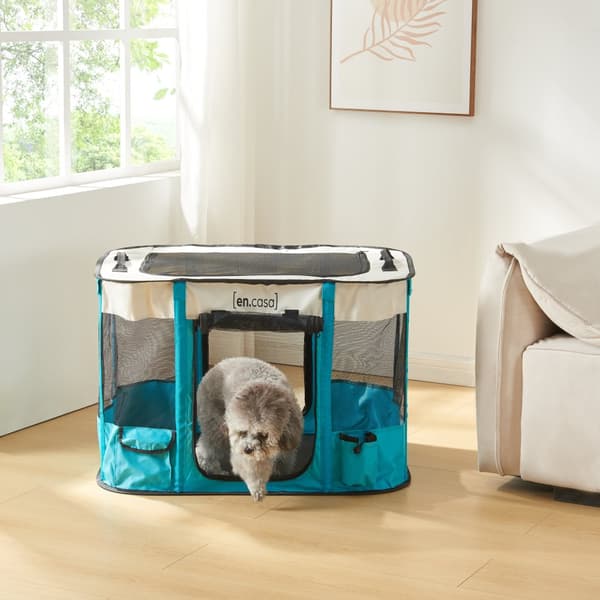 Hundbur Mörbylånga hopfällbar 90x70x60 cm blå beige [en.casa]