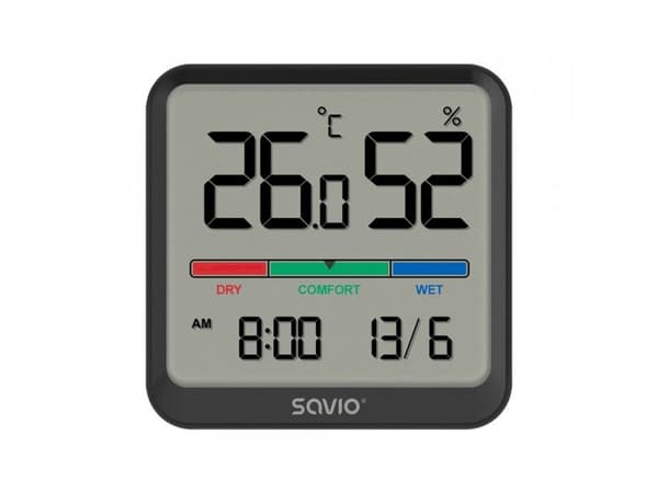 Temperatur- og fuktighetssensor, for innendørs bruk, LCD-skjerm, klokke, dato, holder med magnet, CT-01/B Black