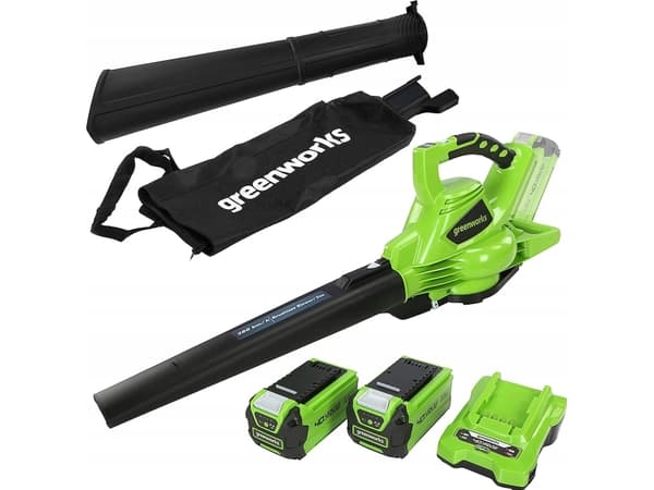 Sladdlös lövblås Greenworks GD24X2BVK4X; 2x24 V; 2x4,0 Ah batteri.