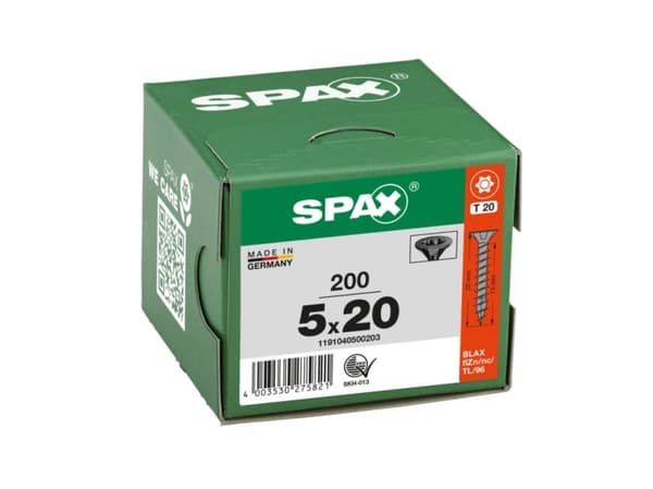 SPAX BLAX, Skruv, Stål, Trä, Platt, Allmän användning, Försänkt huvud
