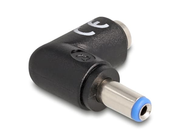Delock DC-sovitin 5,5 x 2,1 mm:n pistoke 5,5 x 2,1 mm:n pistorasiaan 90° kulmassa