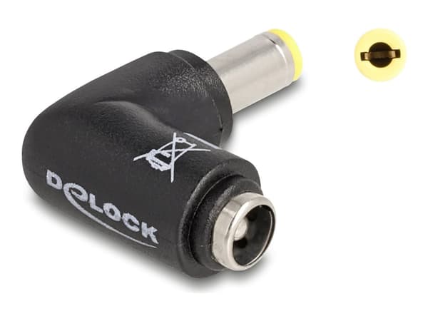 Delock DC-sovitin 5,5 x 2,5 mm:n pistoke 5,5 x 2,5 mm:n pistorasiaan 90° kulmassa