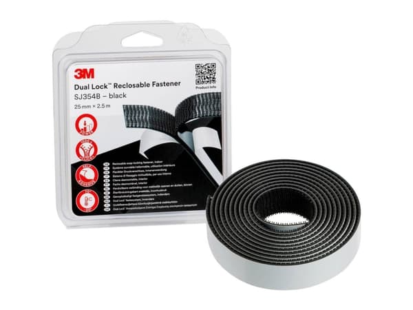 3M Dual Lock painetiiviste SJ354B, 25 mm x 2,5 m, musta joustava painetiiviste, uudelleen irrotettava kiinnitysjärjestelmä - 1 kpl (SJ3540)