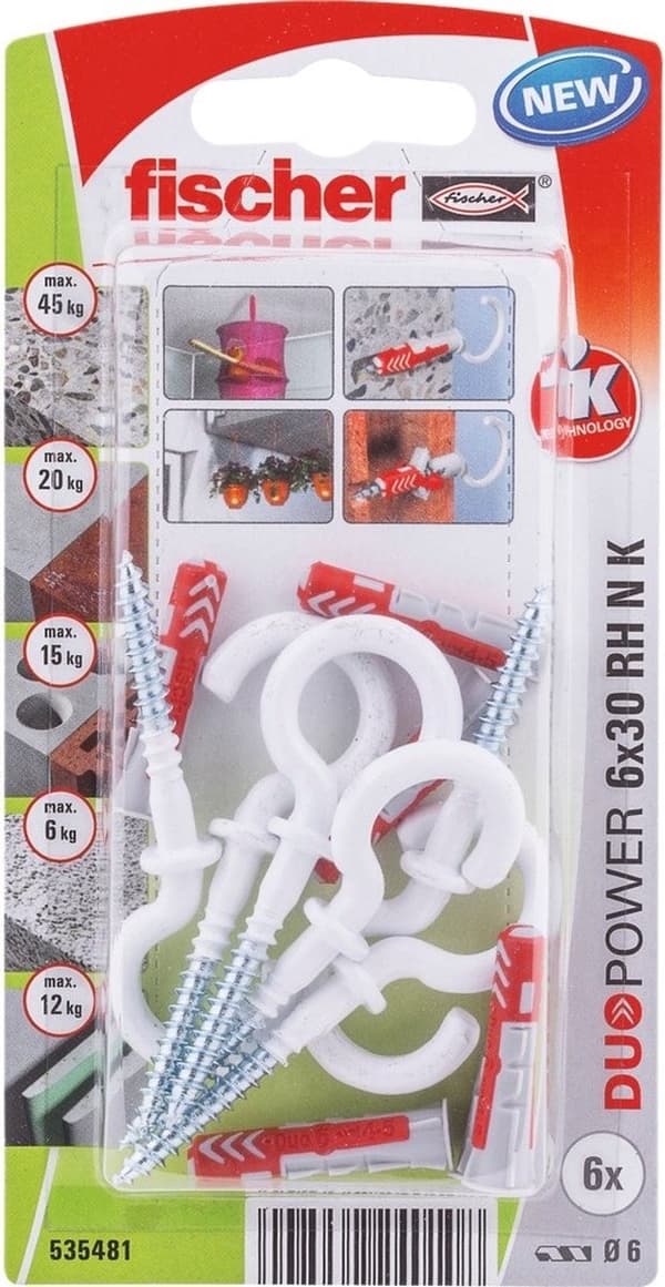 Fischer plugg Duopower med rund krok vit 6x30mm (per 6 st)