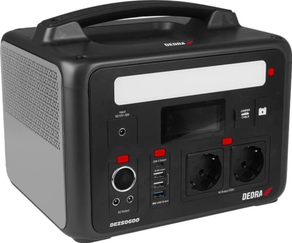 DEDRA DEZS0600, Lithium Iron Phosphate (LiFePO4), 50000 mAh, AC, Cigartenner/lighter, DC, USB, 640 Wh, 1200 W, 8,5 timer Sort