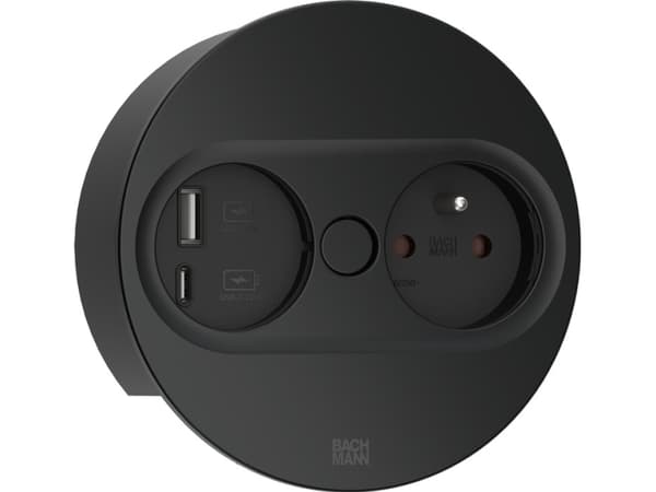 Bachmann 946.106, tyyppi E + USB A + USB C, upotettu pöydälle, 4 cm, työpöytä, musta, metalli, muovi Ruostumaton teräs