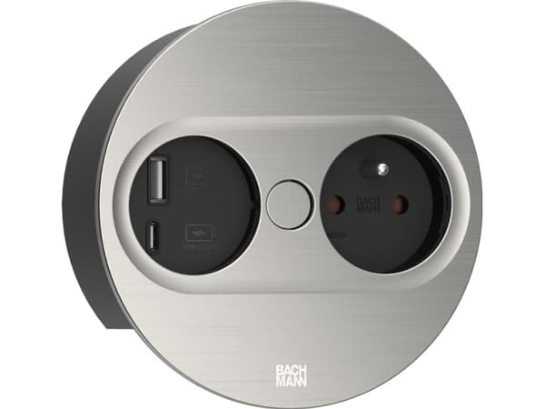 Bachmann 946.006, tyyppi E + USB A + USB C, upotettu pöydälle, 4 cm, työpöytä, ruostumaton teräs, metalli, muovi