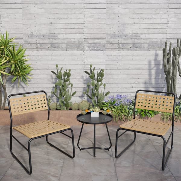 Caféset Brienza av bord och 2 stolar beige kontrotting stål [casa.pro]