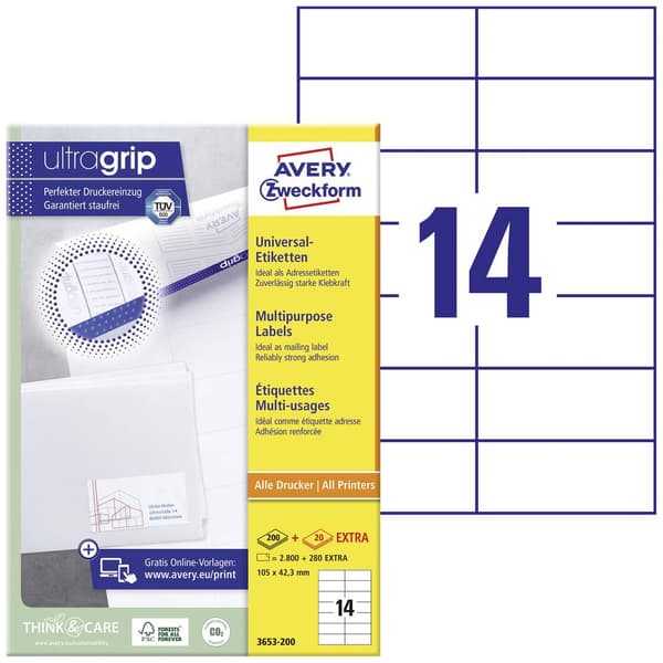 Avery-Zweckform 3653-200 Universaletiketter 105 x 42.3 mm Papper Vit 3080 st Permanent Laser, Laser, färg