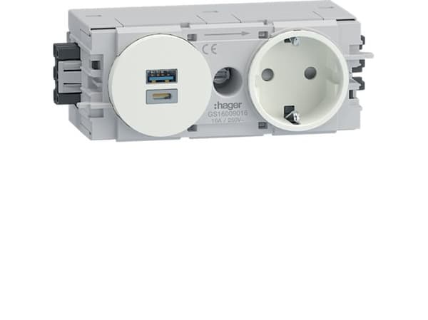 Hager GS16009016, USB A + USB C, 2P, Valkoinen, Polyamidi, 250 V, 16 A Valkoinen