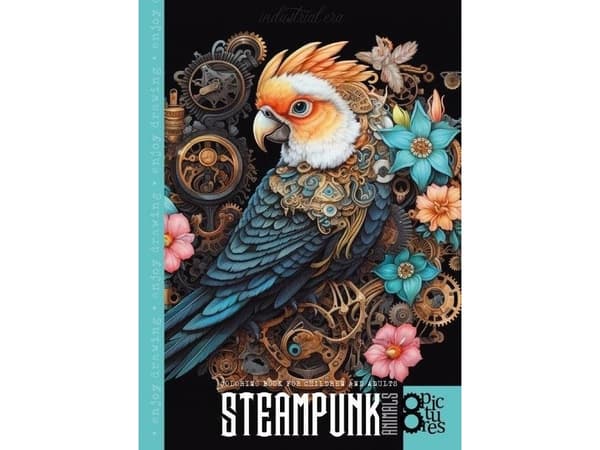 Målarbok A4 8 bilder Steampunk Papegoja
