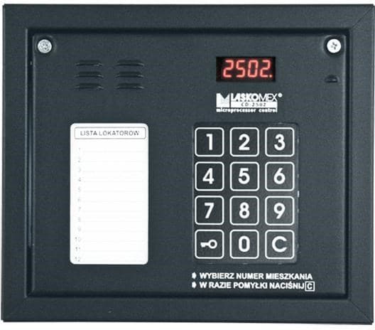 TRITON Laskomex CP-2502NR svart lydpanel med en miniliste over leietakere og en RFID nøkkelleser