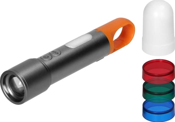 Orno LED-taskulamppu SMD 10W + COB 2W, 350lm, 1200 mAh, zoom-toiminto, värillinen päällysvalo