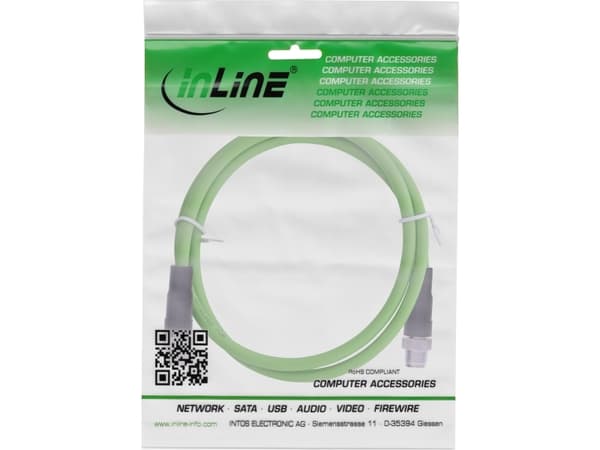 InLine Industrial network cable, M12 8-pin X-coded male/male, Cat.6A PUR 7m, 7.5 m, M12, M12, Male/Male, Green, Copper