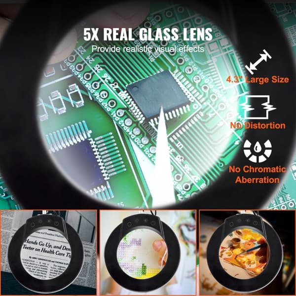 Förstoringsglas med ljus & bas 5X, 4,3" lins, 5 färger - perfekt för detaljerad visning och arbete!