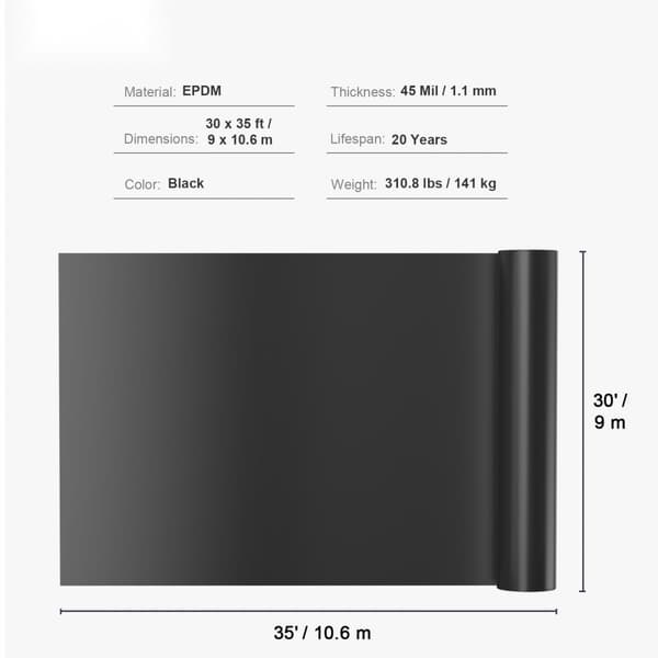 dammfoder, 30 x 35 fot, 45 mil tjocklek, böjlig EPDM, dammskinn, lättskärande för fiskdammar, vattenfall, fontäner