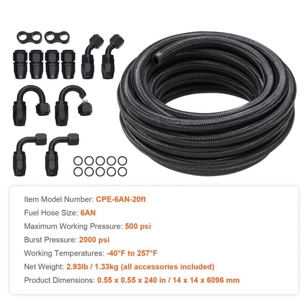 6AN polttoaineletkusarja, 20 FT, nylon, ruostumaton teräs, öljy-/kaasu-/dieselletku, 12 kpl kääntyvät liittimet, musta.