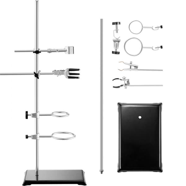 Laboratoriotelineen tuki, teräksinen 23,6" jalka, 8,3"x5,3" valurautajalka ja kiinnikkeet pulloille ja byretteille.