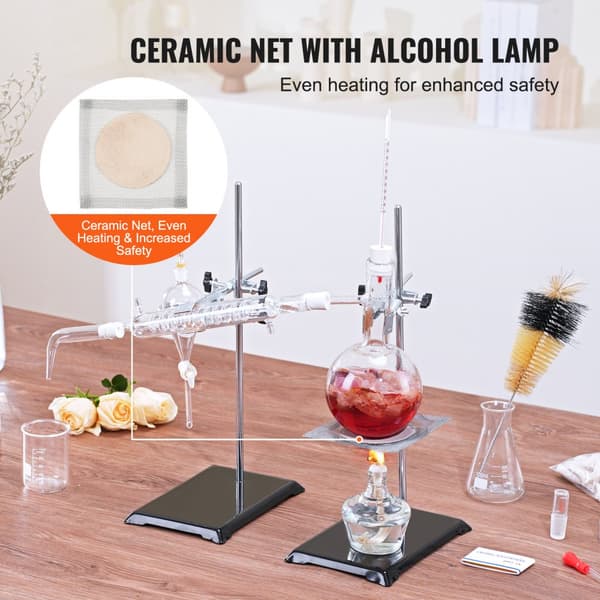 Æterisk oliedestillationssæt, 500 ml med 3,3 Boro labglas, alkohollampe, keramisk mesh og 28 ledninger. Ideel til ekstraktion.
